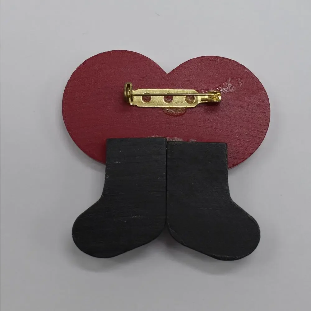 Vintage 90s Wooden Painted Smiling Heart w/ Feet Brooch Pin Cottagecore Kitsch
